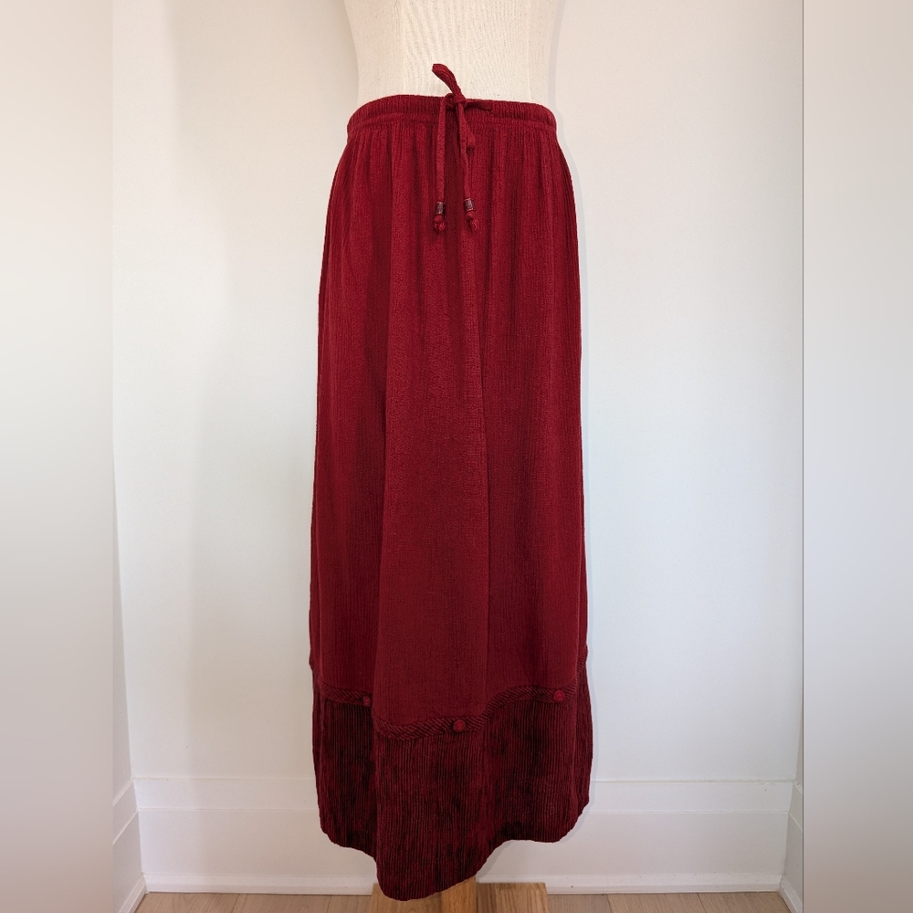 Vintage Deep Red Cotton/Linen Blend Maxi Skirt With Button Detail